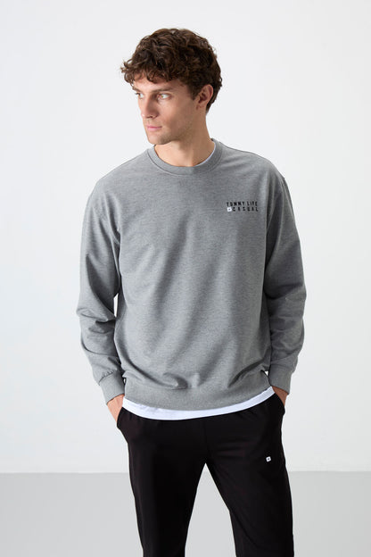 Grey Melange - Black Casual O Neck Elastic Cuffed Cotton Men's Oversize Tracksuit Set - 85120