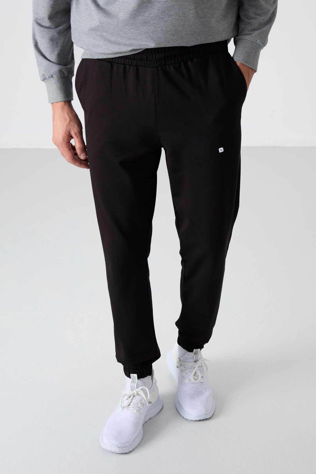 Grey Melange - Black Casual O Neck Elastic Cuffed Cotton Men's Oversize Tracksuit Set - 85120