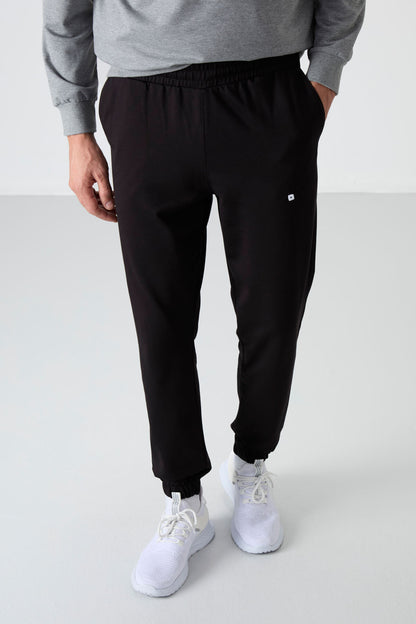 Grey Melange - Black Casual O Neck Elastic Cuffed Cotton Men's Oversize Tracksuit Set - 85120