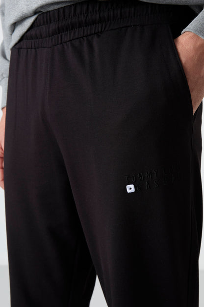 Grey Melange - Black Casual O Neck Elastic Cuffed Cotton Men's Oversize Tracksuit Set - 85120