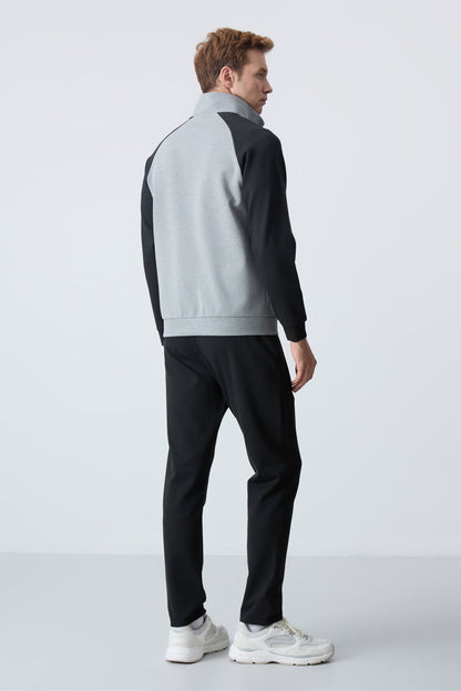 Grey Melange - Black  
Stand Collar Two-Tone Comfort Fit Classic Hem Men's Tracksuit Set - 85113