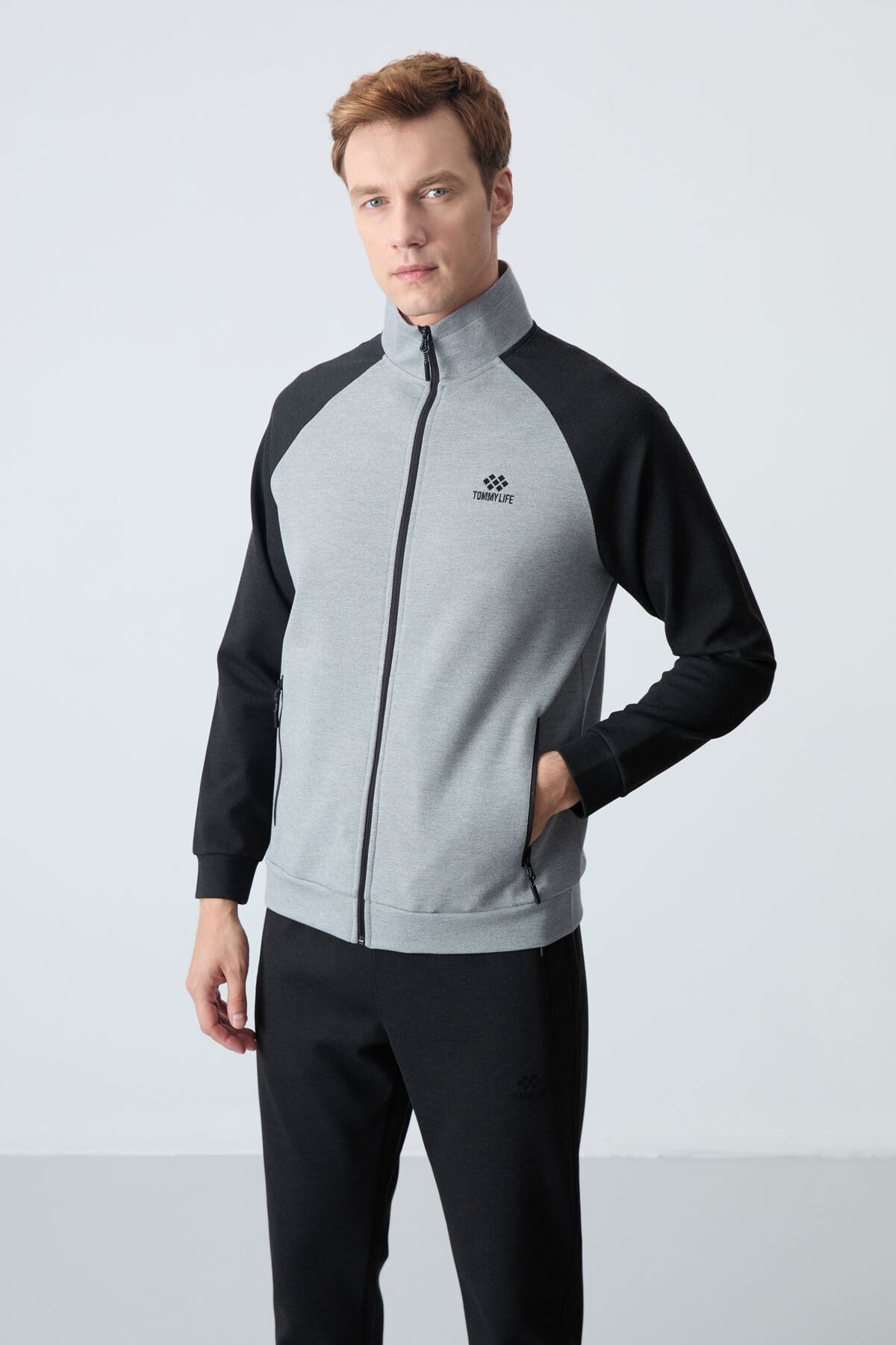 Grey Melange - Black  
Stand Collar Two-Tone Comfort Fit Classic Hem Men's Tracksuit Set - 85113