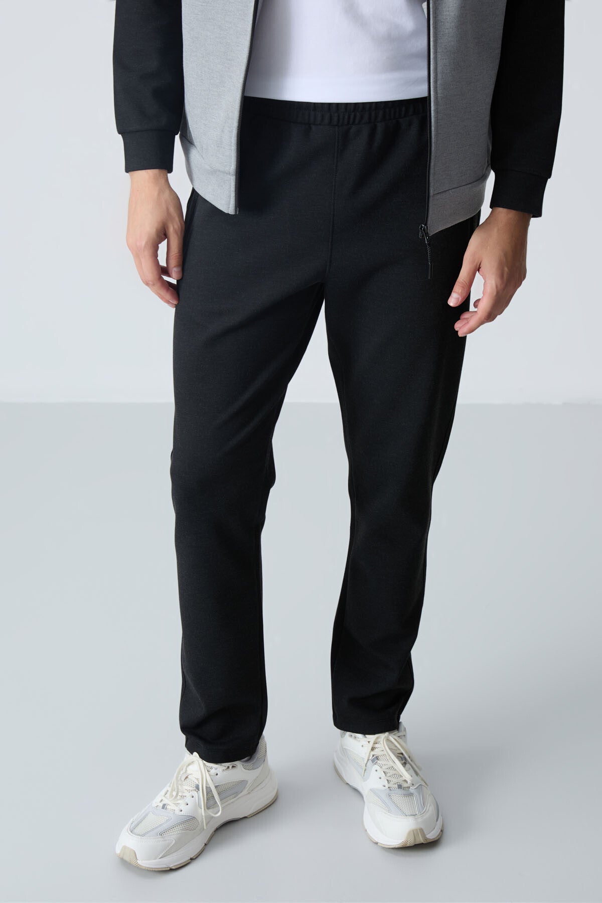 Grey Melange - Black  
Stand Collar Two-Tone Comfort Fit Classic Hem Men's Tracksuit Set - 85113