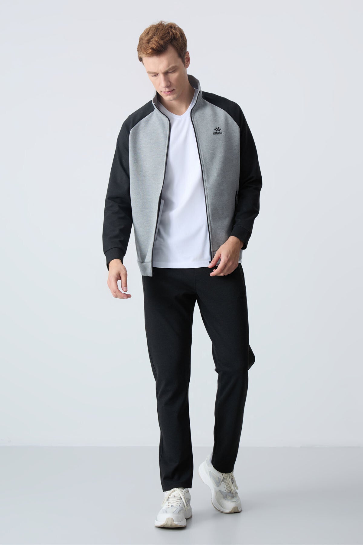 Grey Melange - Black  
Stand Collar Two-Tone Comfort Fit Classic Hem Men's Tracksuit Set - 85113