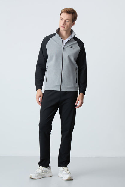 Grey Melange - Black  
Stand Collar Two-Tone Comfort Fit Classic Hem Men's Tracksuit Set - 85113