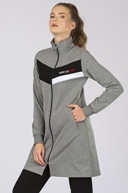 Grey Melange - Black Straight Collar Zippered Pocket Standard Fit Classic Hem Women's Tracksuit Tunic Set - 95206