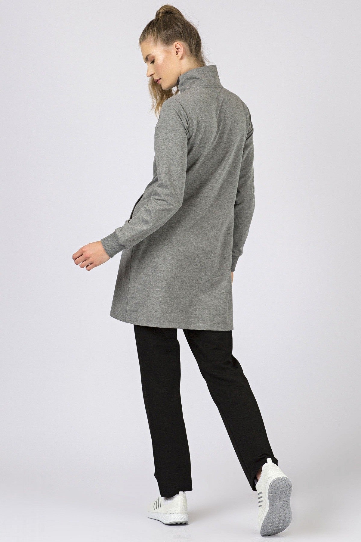 Grey Melange - Black Straight Collar Zippered Pocket Standard Fit Classic Hem Women's Tracksuit Tunic Set - 95206
