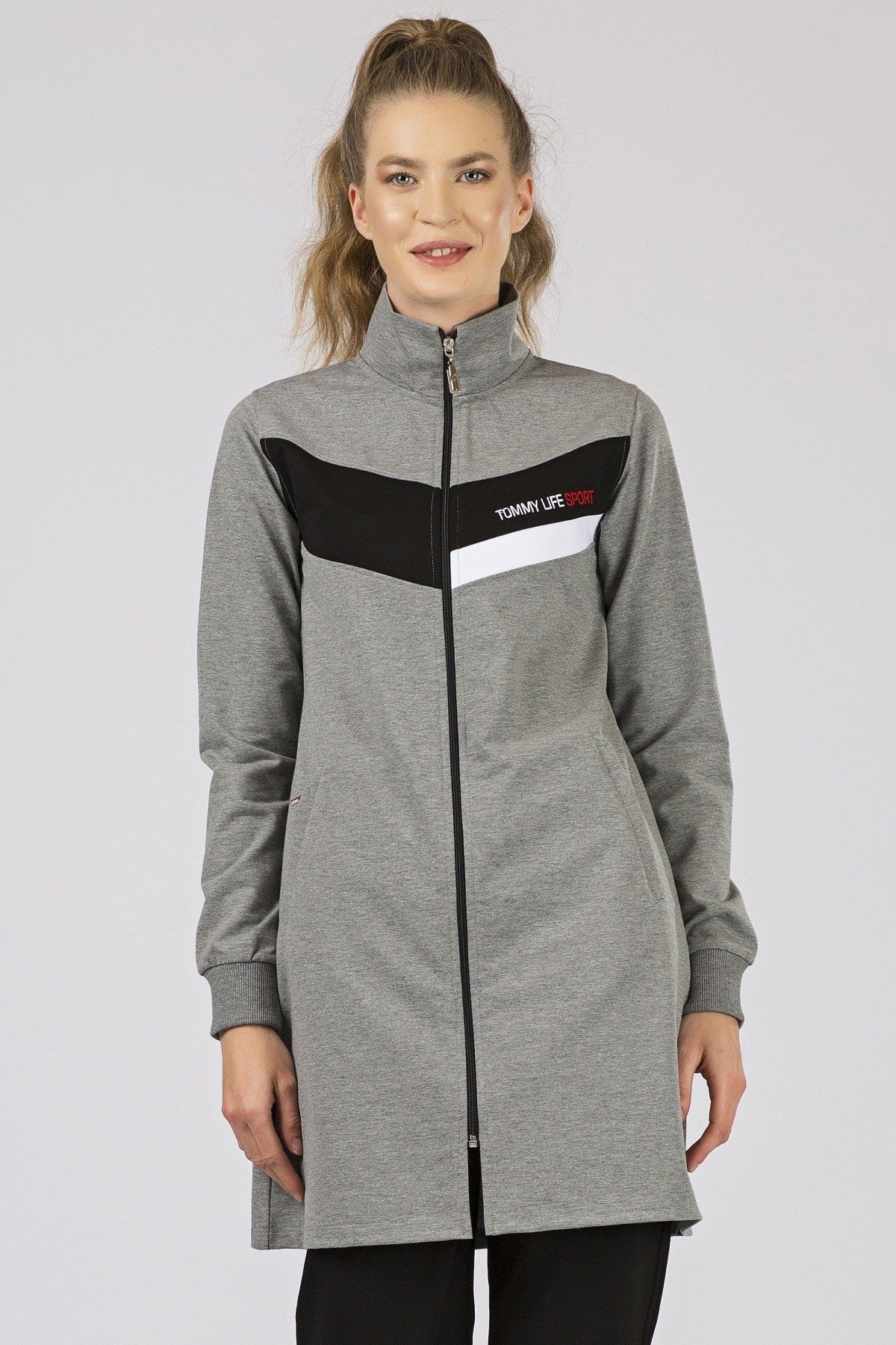 Grey Melange - Black Straight Collar Zippered Pocket Standard Fit Classic Hem Women's Tracksuit Tunic Set - 95206