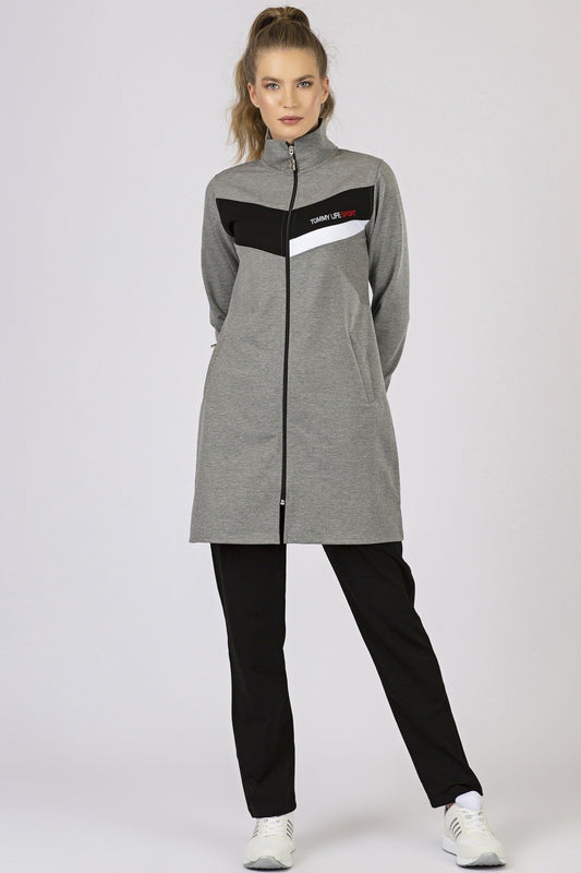 Grey Melange - Black Straight Collar Zippered Pocket Standard Fit Classic Hem Women's Tracksuit Tunic Set - 95206