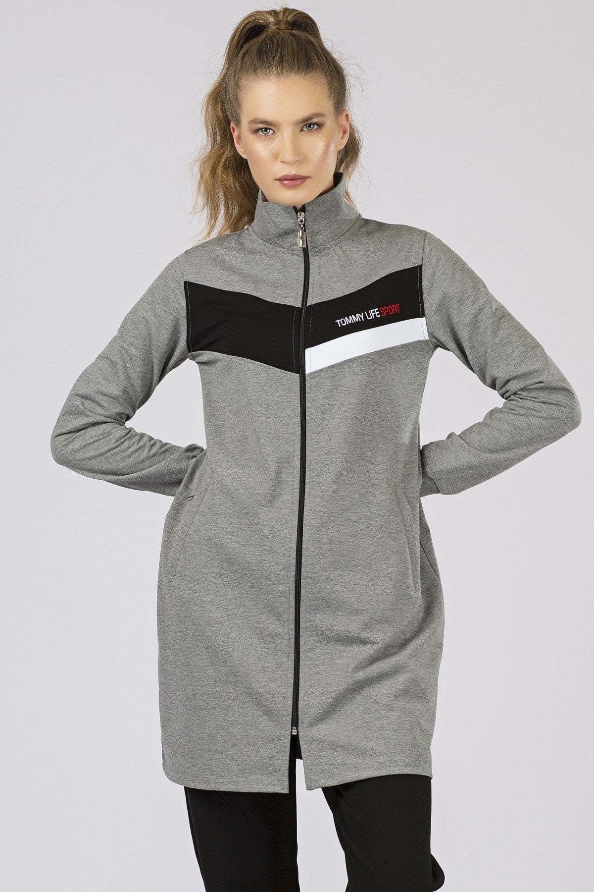 Grey Melange - Black Straight Collar Zippered Pocket Standard Fit Classic Hem Women's Tracksuit Tunic Set - 95206