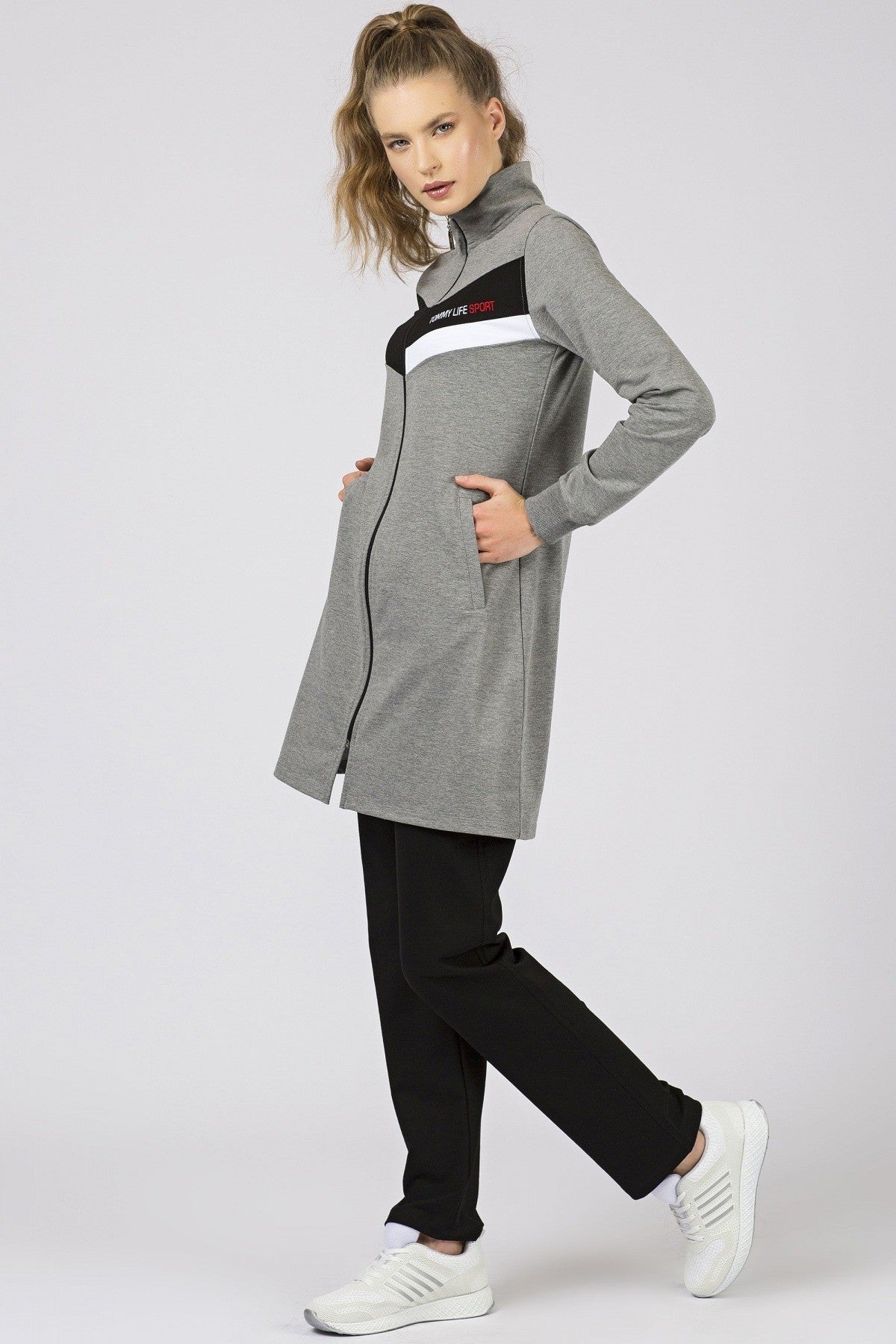 Grey Melange - Black Straight Collar Zippered Pocket Standard Fit Classic Hem Women's Tracksuit Tunic Set - 95206