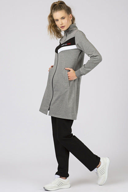 Grey Melange - Black Straight Collar Zippered Pocket Standard Fit Classic Hem Women's Tracksuit Tunic Set - 95206