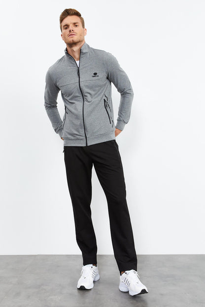 Gray Melange - Black High Collar Zippered Standard Fit Classic Cuff Men's Tracksuit Set - 85152