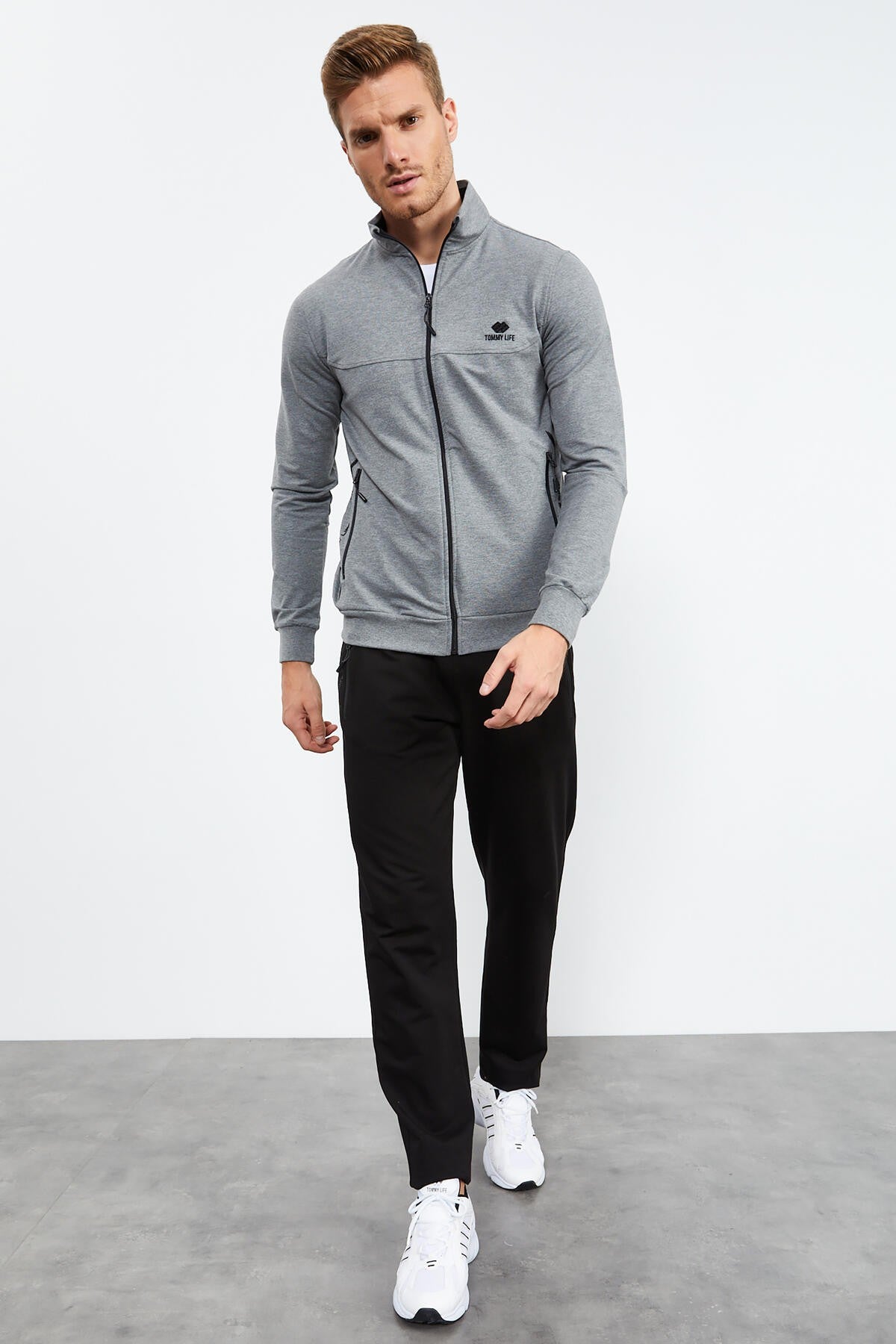 Gray Melange - Black High Collar Zippered Standard Fit Classic Cuff Men's Tracksuit Set - 85152