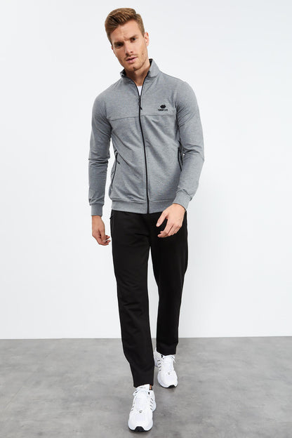 Gray Melange - Black High Collar Zippered Standard Fit Classic Cuff Men's Tracksuit Set - 85152