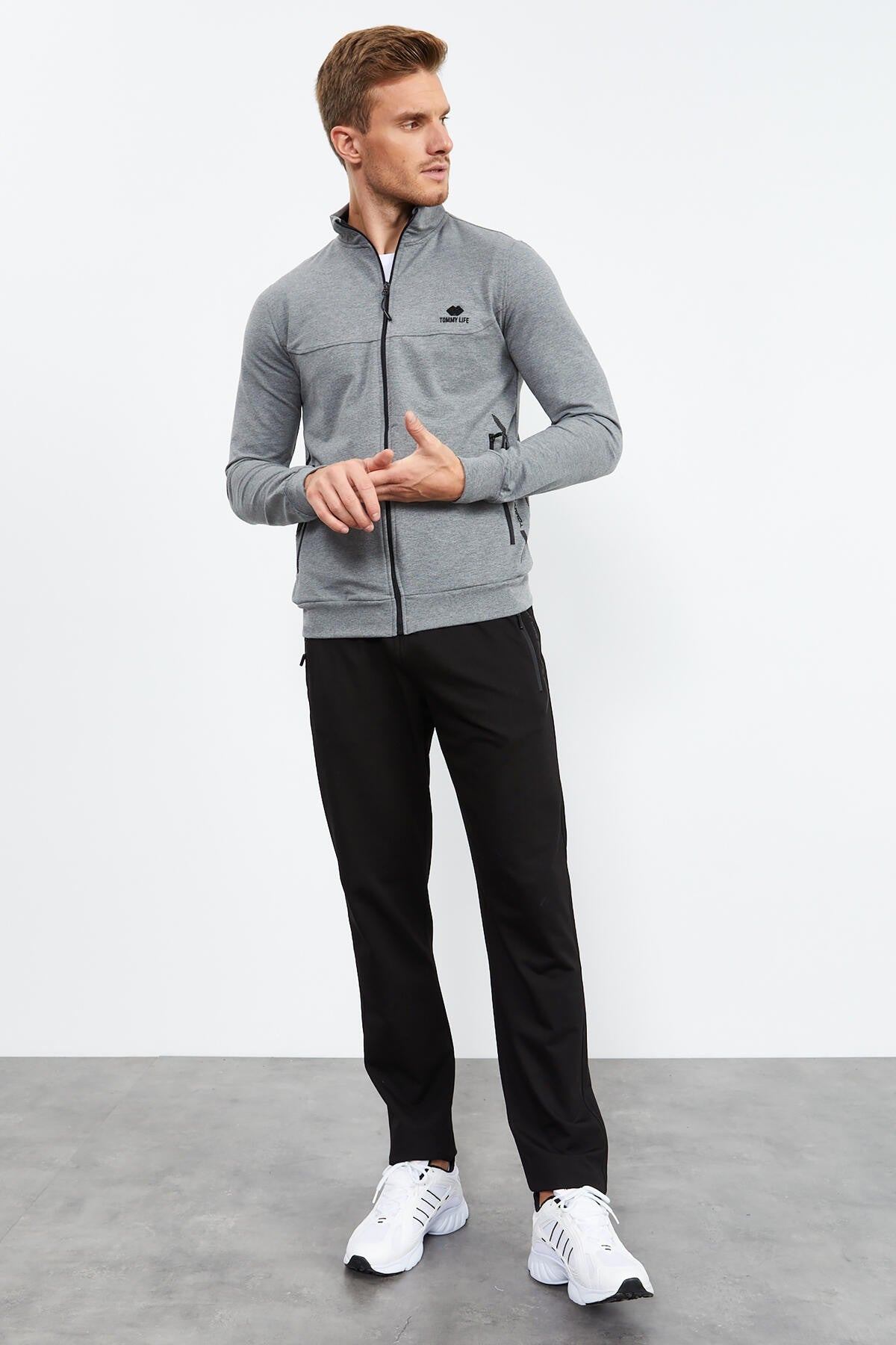 Gray Melange - Black High Collar Zippered Standard Fit Classic Cuff Men's Tracksuit Set - 85152