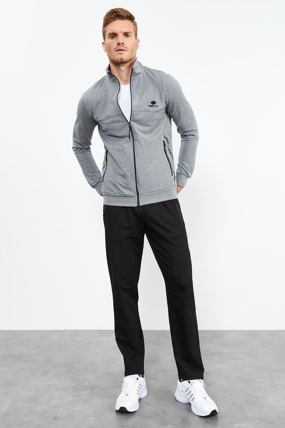 Gray Melange - Black High Collar Zippered Standard Fit Classic Cuff Men's Tracksuit Set - 85152