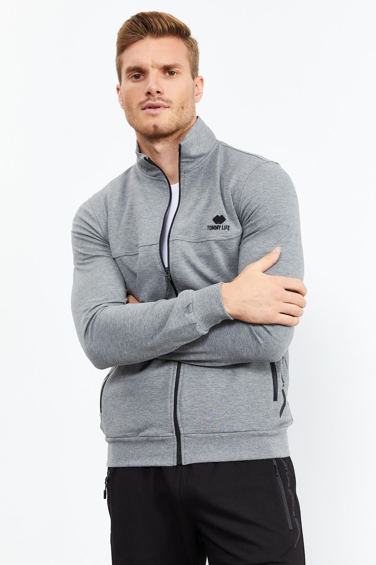 Gray Melange - Black High Collar Zippered Standard Fit Classic Cuff Men's Tracksuit Set - 85152