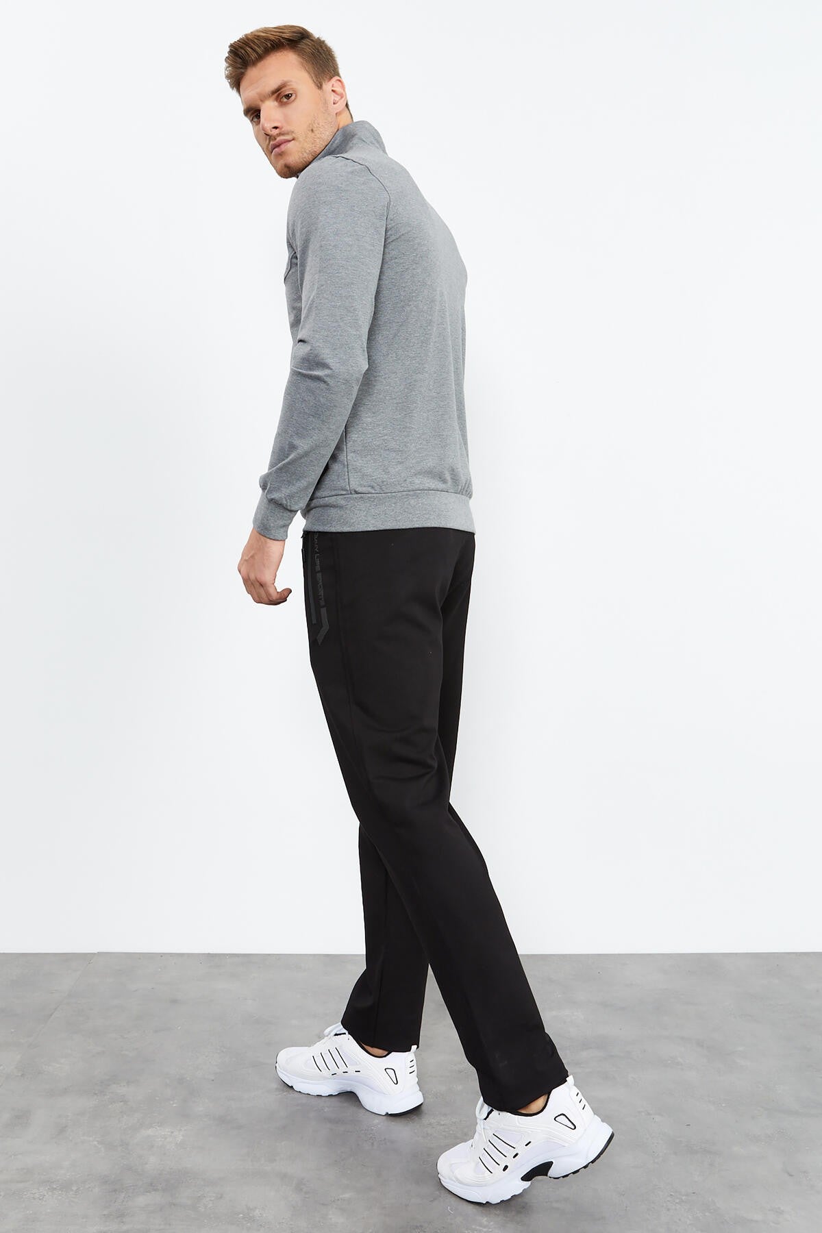 Gray Melange - Black High Collar Zippered Standard Fit Classic Cuff Men's Tracksuit Set - 85152