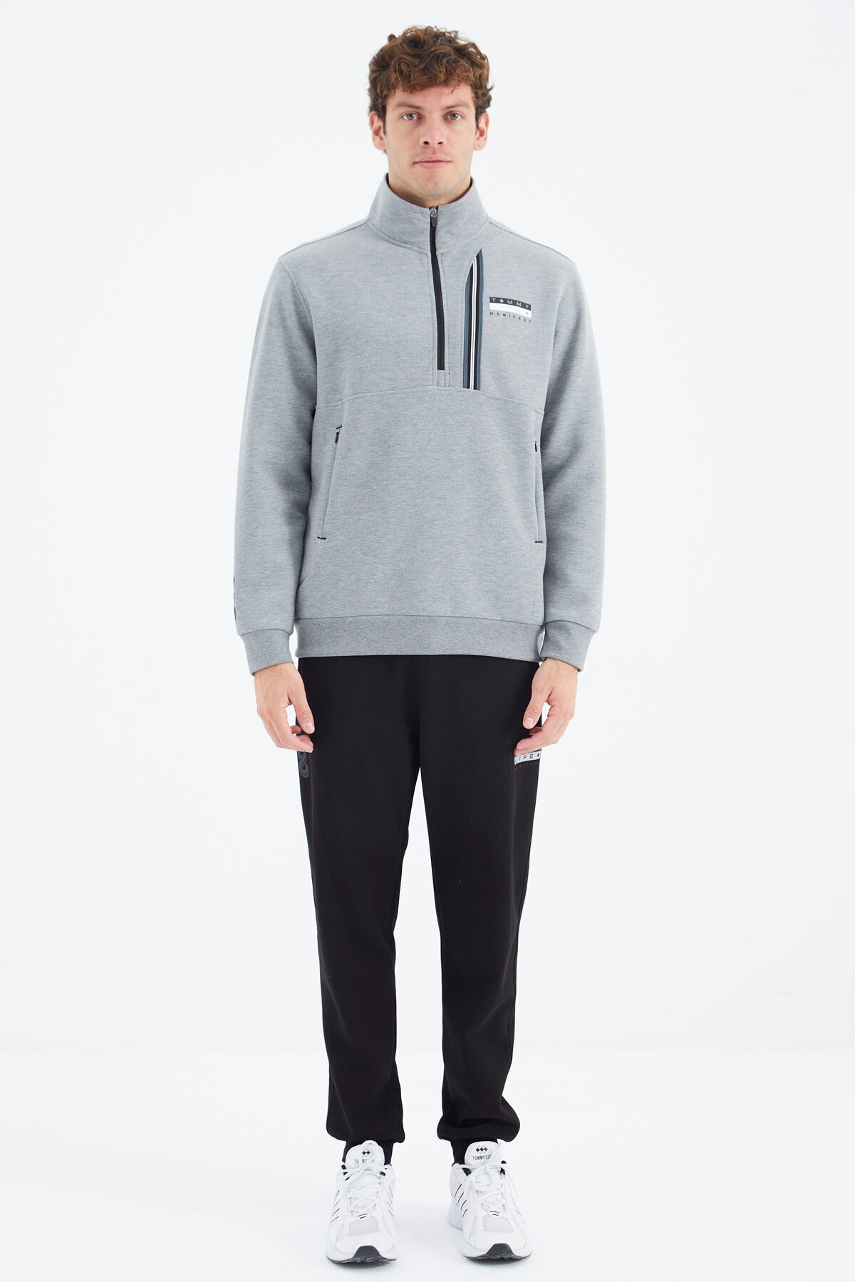 Grey Melange - Black Stand Collar Half Zippered Hidden Pocket Detailed Relax Fit Men's Tracksuit Set - 85221