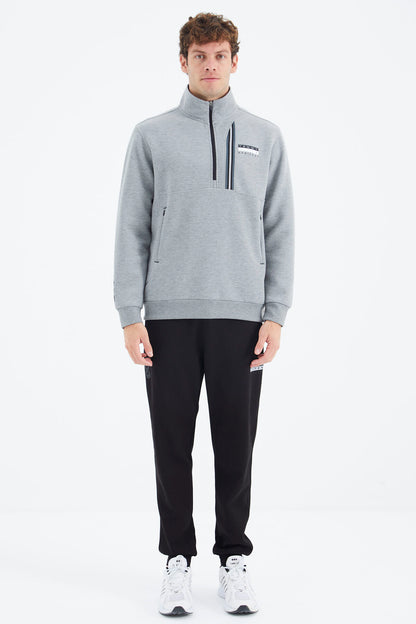 Grey Melange - Black Stand Collar Half Zippered Hidden Pocket Detailed Relax Fit Men's Tracksuit Set - 85221