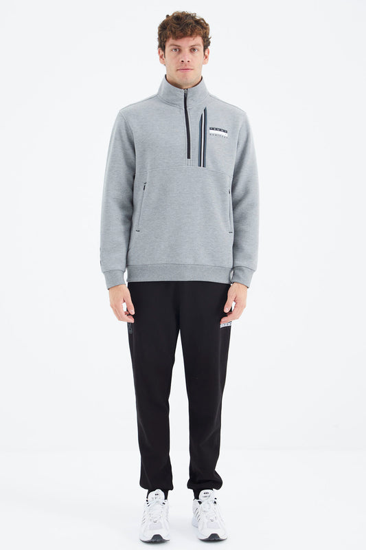 Grey Melange - Black Stand Collar Half Zippered Hidden Pocket Detailed Relax Fit Men's Tracksuit Set - 85221