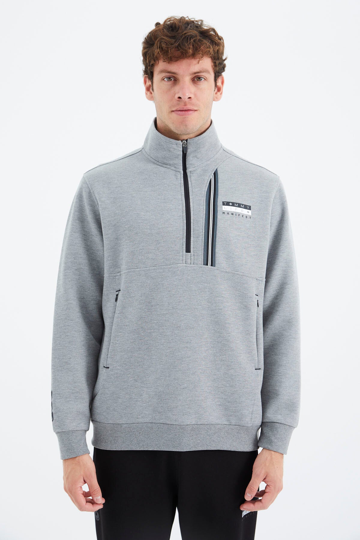 Grey Melange - Black Stand Collar Half Zippered Hidden Pocket Detailed Relax Fit Men's Tracksuit Set - 85221