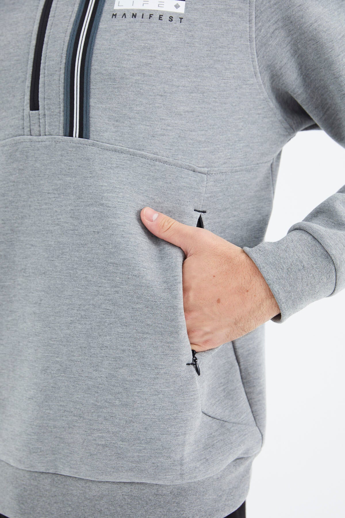 Grey Melange - Black Stand Collar Half Zippered Hidden Pocket Detailed Relax Fit Men's Tracksuit Set - 85221