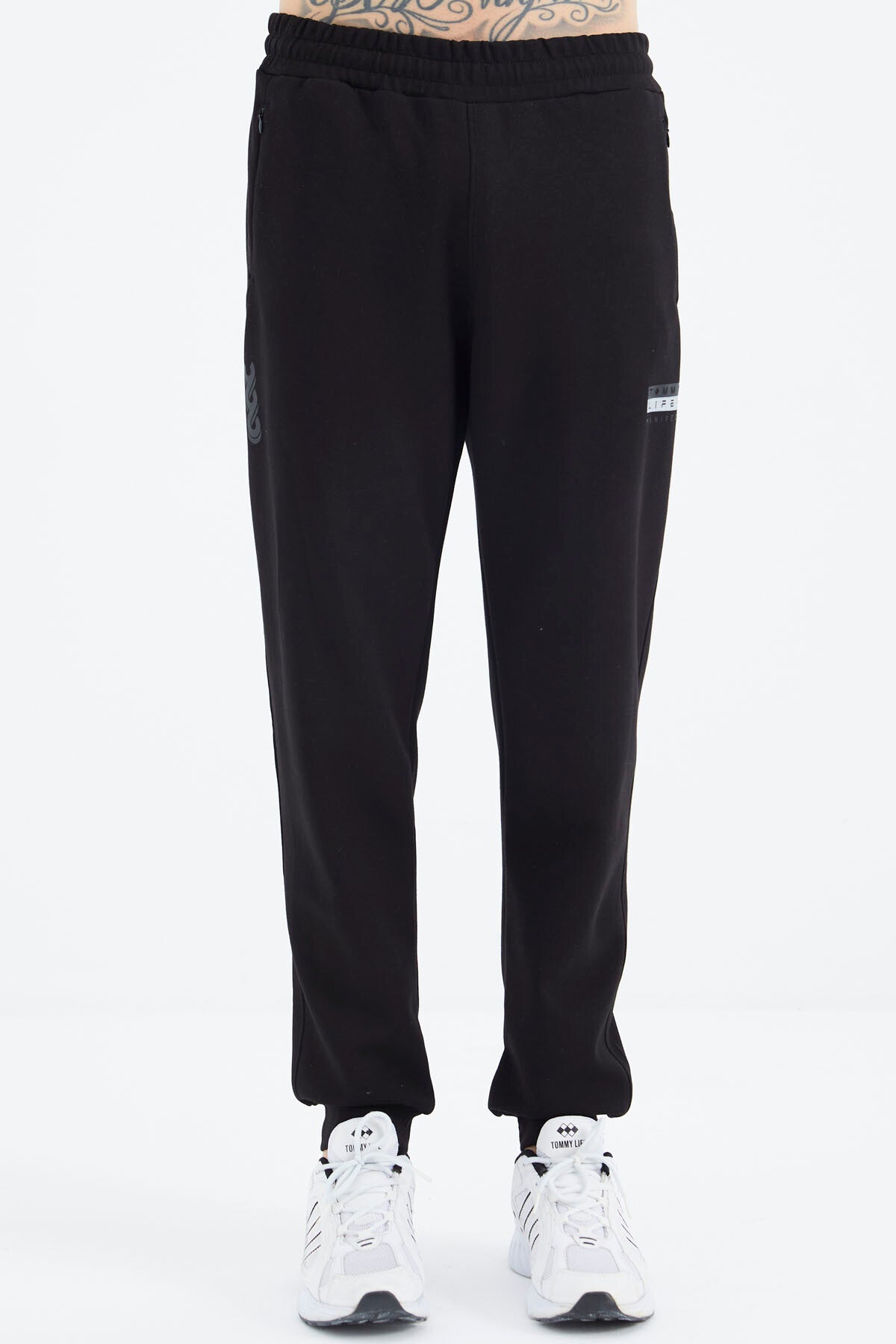 Grey Melange - Black Stand Collar Half Zippered Hidden Pocket Detailed Relax Fit Men's Tracksuit Set - 85221