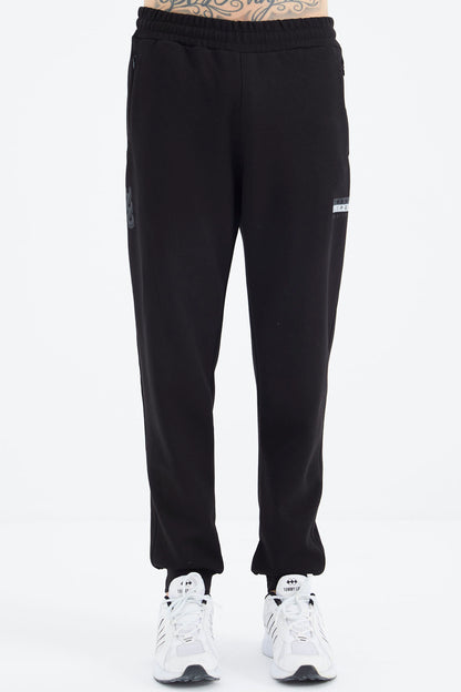 Grey Melange - Black Stand Collar Half Zippered Hidden Pocket Detailed Relax Fit Men's Tracksuit Set - 85221