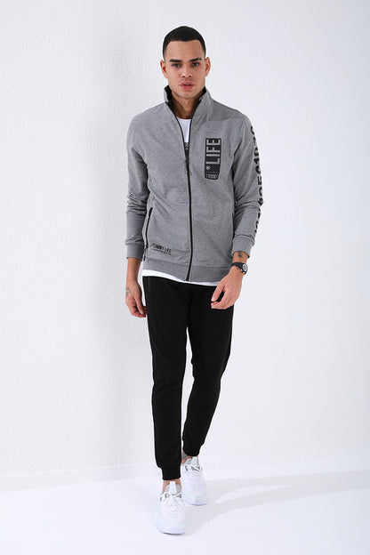 Gray Melange - Black High Collar Print Standard Fit Cuffed Men's Tracksuit Set - 85149