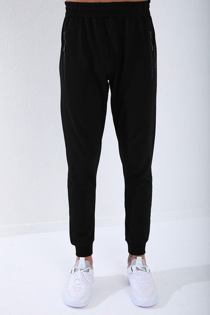 Gray Melange - Black High Collar Print Standard Fit Cuffed Men's Tracksuit Set - 85149