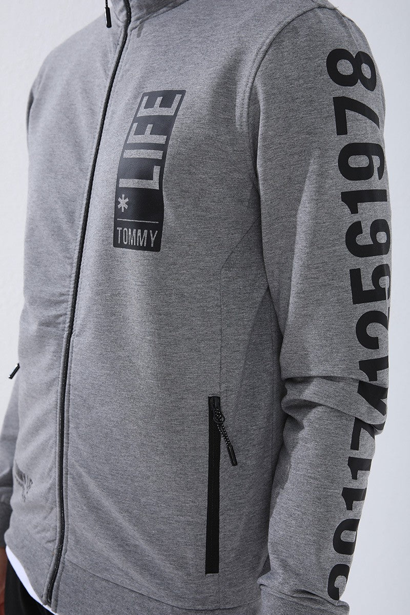 Gray Melange - Black High Collar Print Standard Fit Cuffed Men's Tracksuit Set - 85149