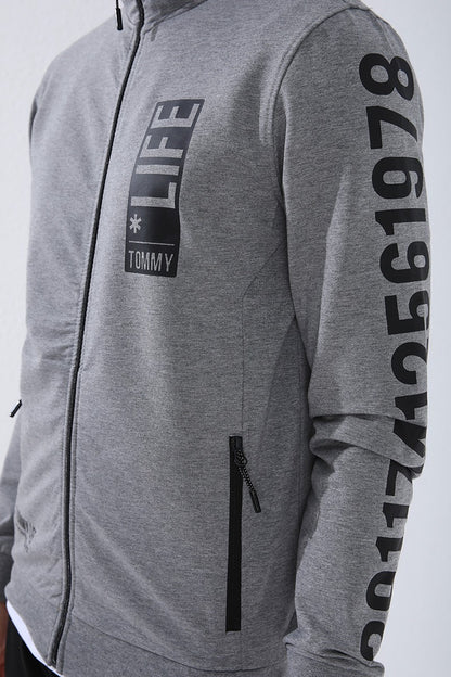 Gray Melange - Black High Collar Print Standard Fit Cuffed Men's Tracksuit Set - 85149