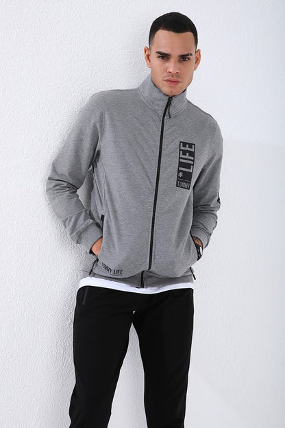 Gray Melange - Black High Collar Print Standard Fit Cuffed Men's Tracksuit Set - 85149