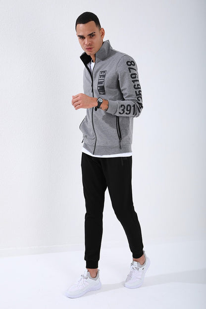 Gray Melange - Black High Collar Print Standard Fit Cuffed Men's Tracksuit Set - 85149