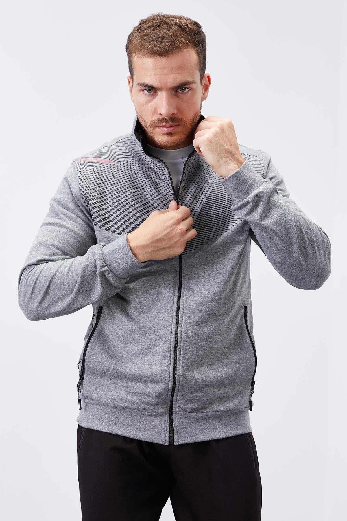 Grey Melange - Black Pattern Printed Standard Fit Cuffed Men's Tracksuit Set - 85151