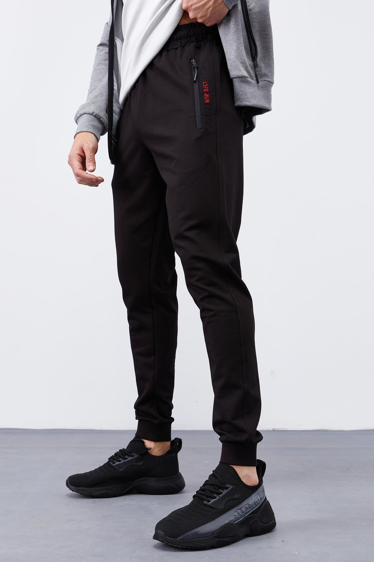 Grey Melange - Black Pattern Printed Standard Fit Cuffed Men's Tracksuit Set - 85151