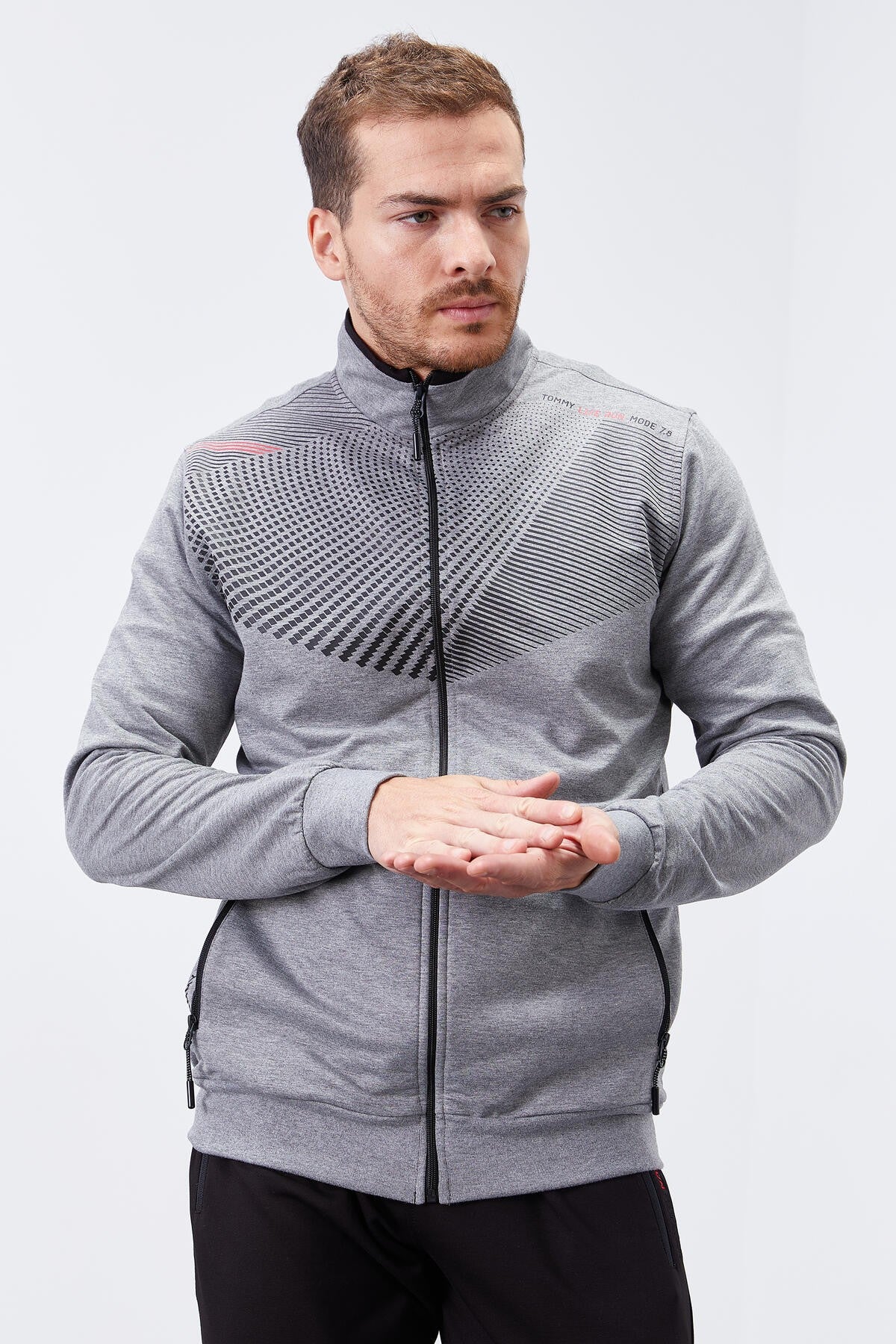 Grey Melange - Black Pattern Printed Standard Fit Cuffed Men's Tracksuit Set - 85151