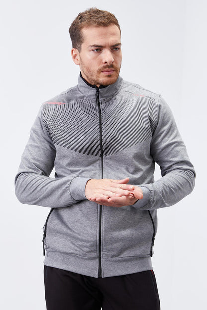 Grey Melange - Black Pattern Printed Standard Fit Cuffed Men's Tracksuit Set - 85151