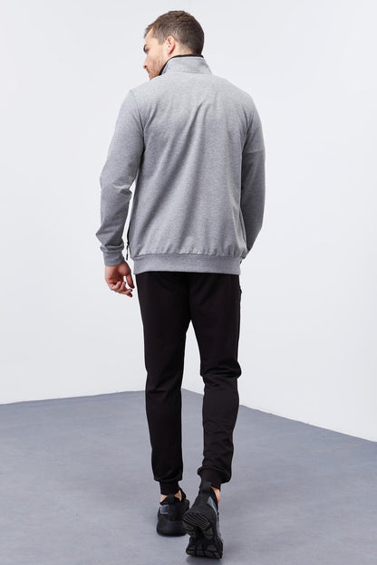 Grey Melange - Black Pattern Printed Standard Fit Cuffed Men's Tracksuit Set - 85151