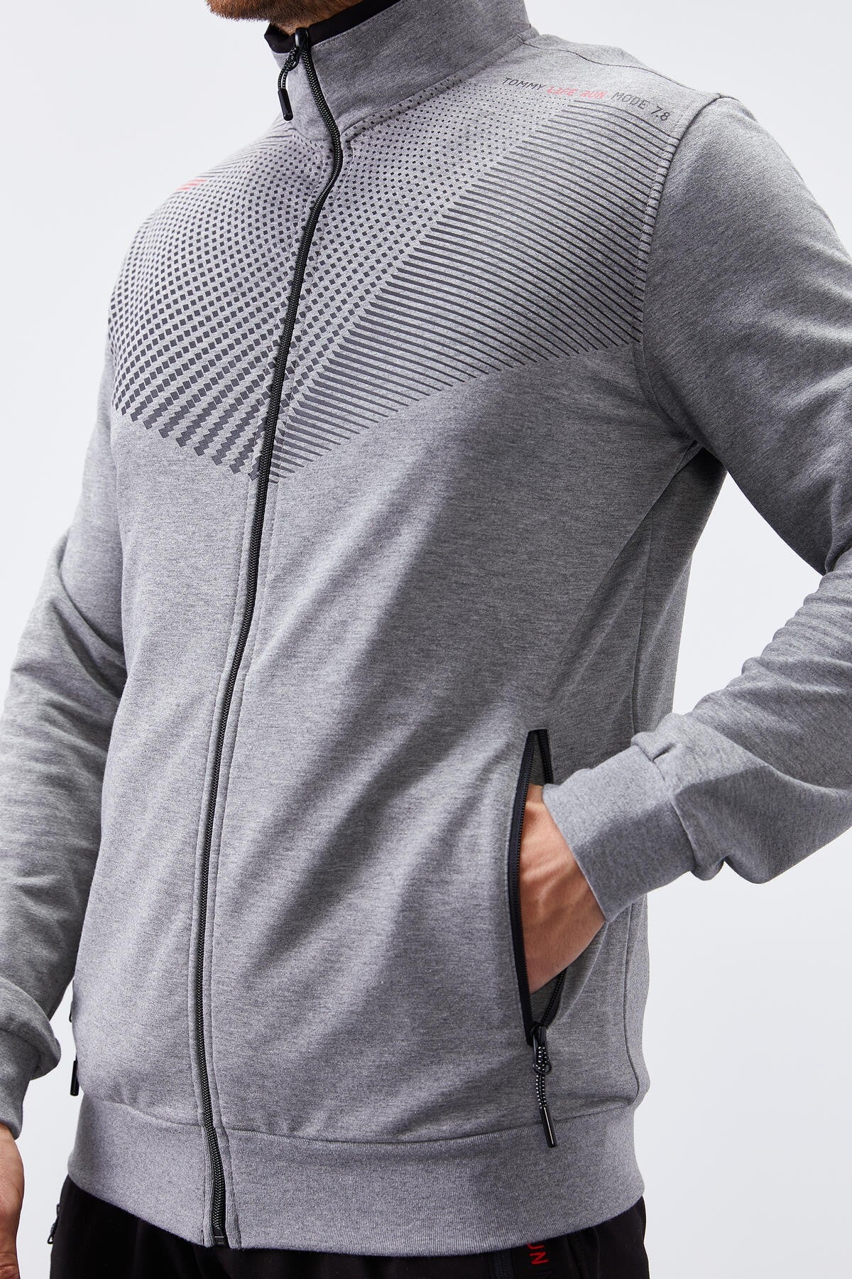 Grey Melange - Black Pattern Printed Standard Fit Cuffed Men's Tracksuit Set - 85151