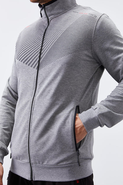 Grey Melange - Black Pattern Printed Standard Fit Cuffed Men's Tracksuit Set - 85151