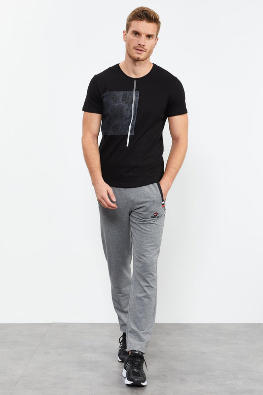 Grey Melange - Black Zippered Pocket Straight Leg Classic Hem Men's Tracksuit Bottom - 84649