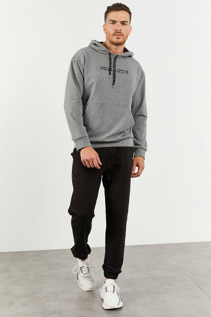 Grey Melange - Black Hooded Kangaroo Pocket Elastic Cuffed Men's Oversize Tracksuit Set - 85117