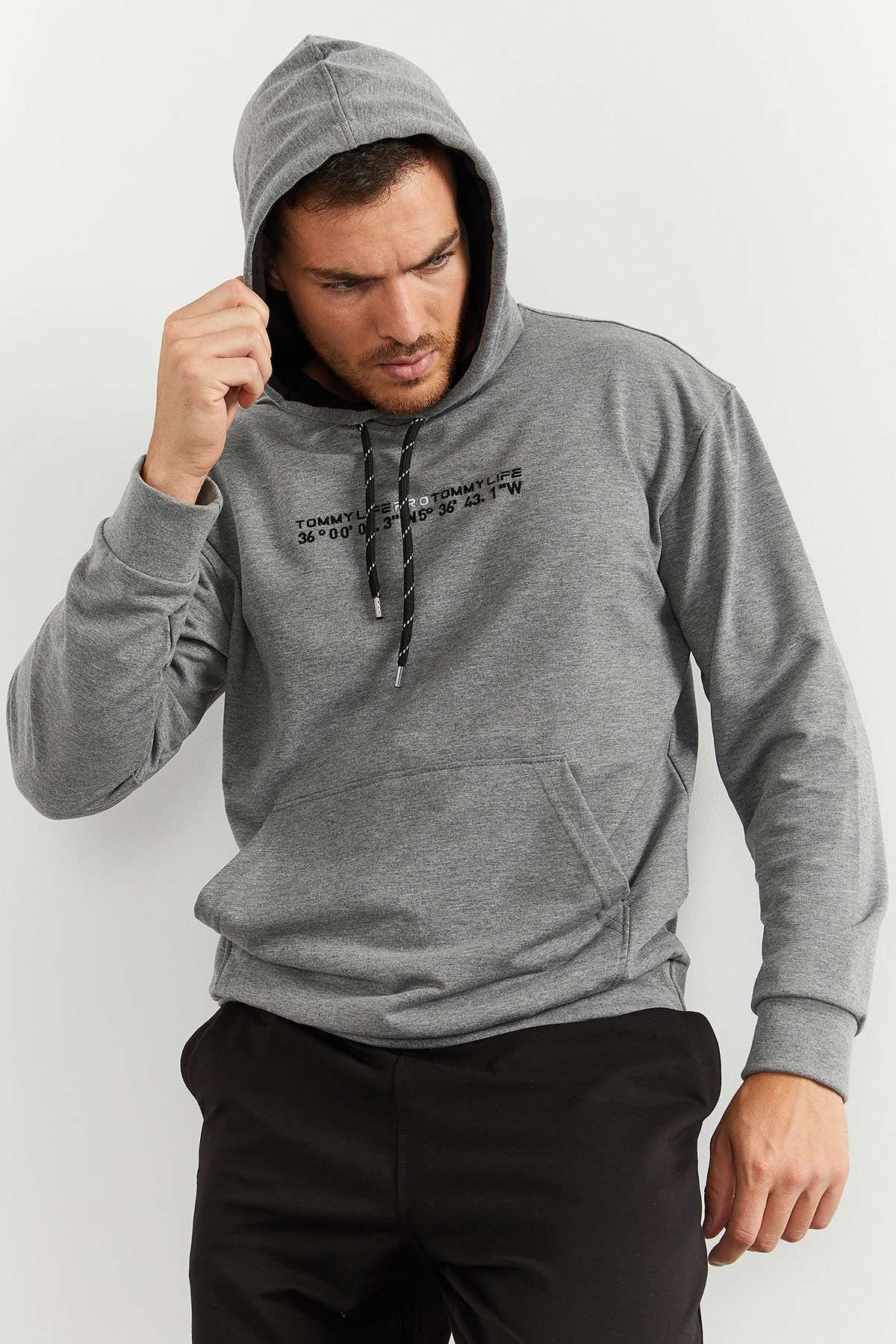 Grey Melange - Black Hooded Kangaroo Pocket Elastic Cuffed Men's Oversize Tracksuit Set - 85117