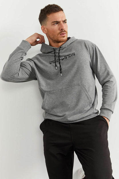 Grey Melange - Black Hooded Kangaroo Pocket Elastic Cuffed Men's Oversize Tracksuit Set - 85117