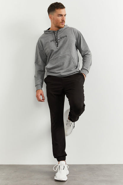 Grey Melange - Black Hooded Kangaroo Pocket Elastic Cuffed Men's Oversize Tracksuit Set - 85117