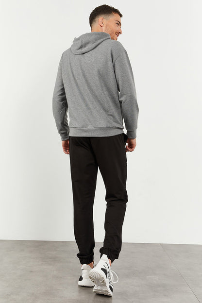 Grey Melange - Black Hooded Kangaroo Pocket Elastic Cuffed Men's Oversize Tracksuit Set - 85117