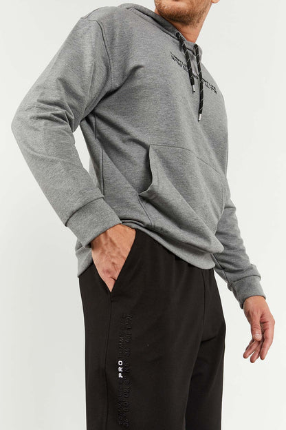 Grey Melange - Black Hooded Kangaroo Pocket Elastic Cuffed Men's Oversize Tracksuit Set - 85117